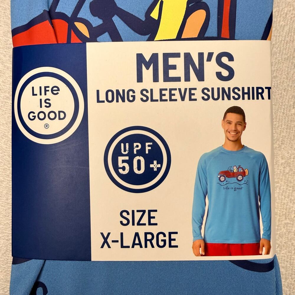 XL Men’s LIFE Is GOOD Blue Long Sleeve Sun Shirt UPF 50+. Size XLarge NEW - Picture 2 of 4